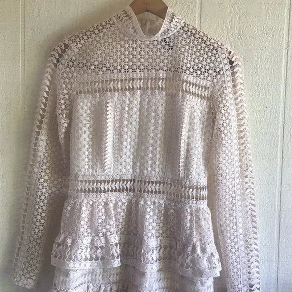 AQUA ivory crochet knit lace sheer long sleeve ruffle tier layered dress - Picture 13 of 16